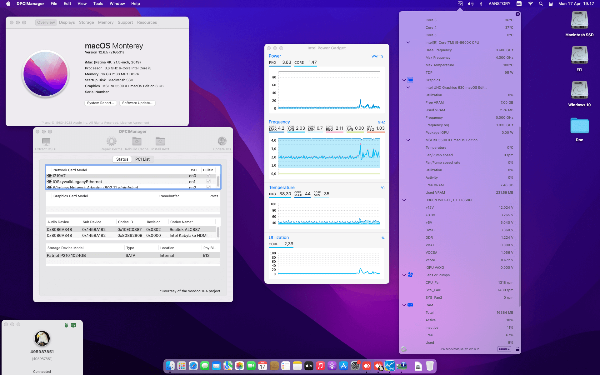 Success Hackintosh macOS Monterey 12.6.5 Build 21G531 in Gigabyte B360N Wifi + Intel Core i5 8600K + MSI RX 5500 XT